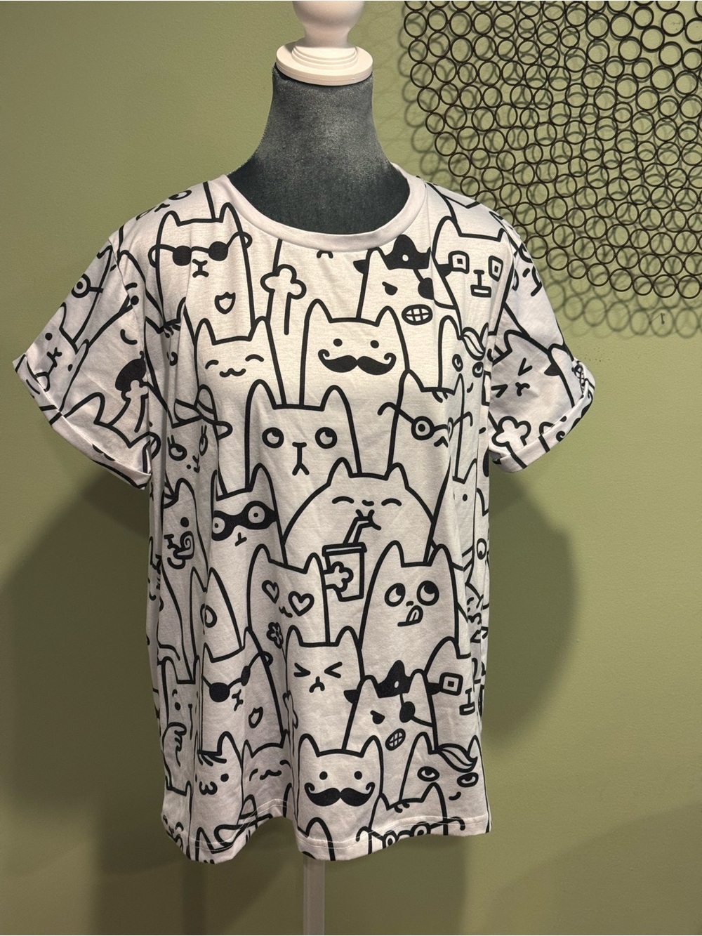 Pixie Lady All Over Doodle Cat Print T-Shirt Oversized Kawaii Tee White Black L